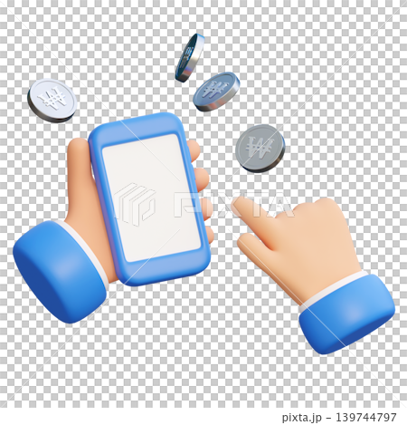 3D render of hand holding smartphone with South Korean won coins mobile banking concept 3D render of hand holding smartphone with South Korean won coins mobile banking concept 139744797
