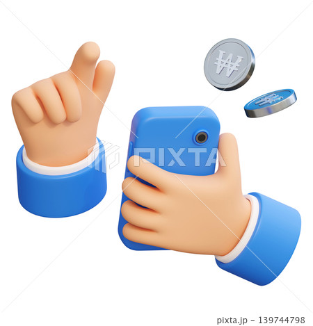 3D render of hand holding smartphone with South Korean won coins mobile banking concept 3D render of hand holding smartphone with South Korean won coins mobile banking concept 139744798
