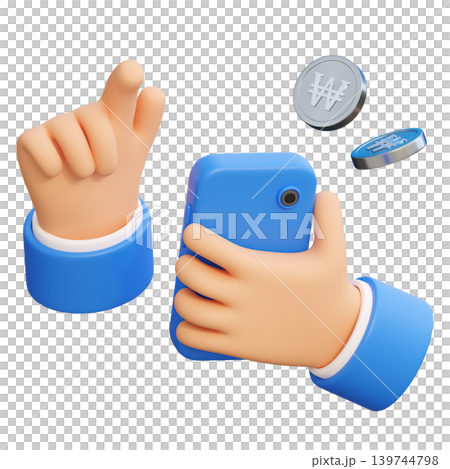 3D render of hand holding smartphone with South Korean won coins mobile banking concept 3D render of hand holding smartphone with South Korean won coins mobile banking concept 139744798