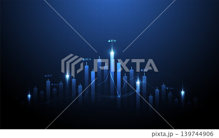 Futuristic financial stock market candlestick chart showing upward growth trend with glowing blue light on dark background 139744906