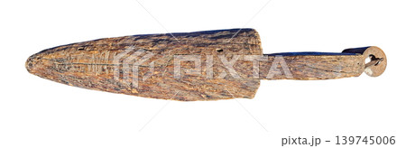 A weathered wooden tool or artifact is shown on a white background. It features a small wheel and provides a glimpse into historical craftsmanship and usage. 139745006