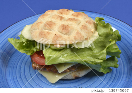 Gourmet Burger on Blue Plate Gourmet Burger on Blue Plate 139745097