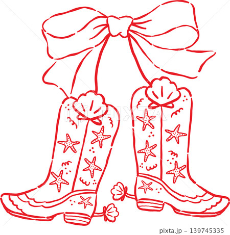 Coquette Cowboy Summer Cowboy Boots Cherries With Bow and Seashells Whimsical Hand Drawn 139745335