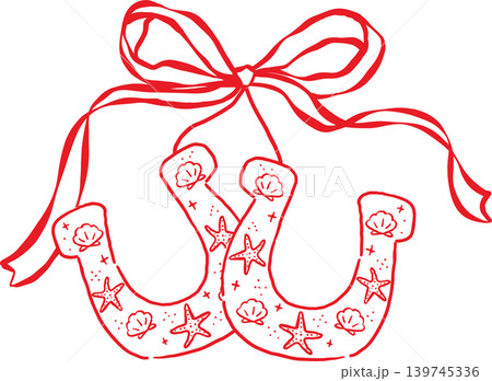 Cowboy Summer Two Horseshoe Cherries with Ribbon Bow Whimsical Hand Drawn 139745336
