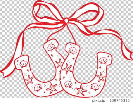Cowboy Summer Two Horseshoe Cherries with Ribbon Bow Whimsical Hand Drawn 139745336