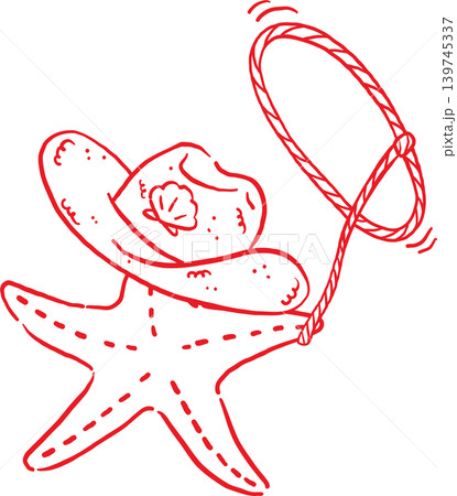 Cowboy Summer Starfish Wearing a Hat Swinging Lasso Whimsical Hand Drawn 139745337