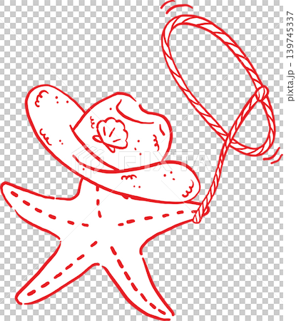 Cowboy Summer Starfish Wearing a Hat Swinging Lasso Whimsical Hand Drawn 139745337