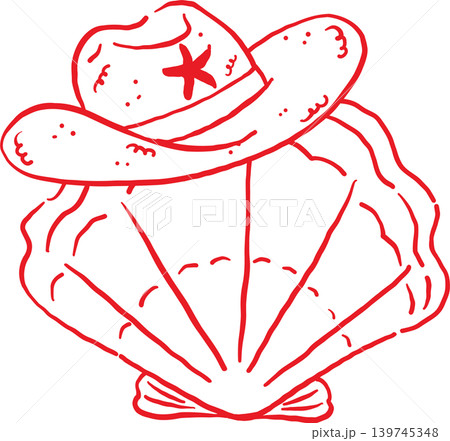 Cowboy Summer Seashell Wearing a Hat Whimsical Hand Drawn 139745348