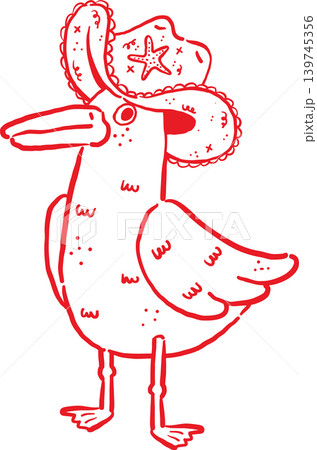 Cowboy Summer a Seagull Wearing a Hat Whimsical Hand Drawn 139745356