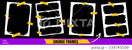 Collage frame and text box rectangle with tape for old photo scrapbook. Grunge cadre with painted brush edge and torn paper. Vector collage frame set as zine layout pack for creative fashion promo bg Collage frame and text box rectangle with tape for old photo scrapbook. Grunge cadre with painted brush edge and torn paper. Vector collage frame set as zine layout pack for creative fashion promo bg 139745509