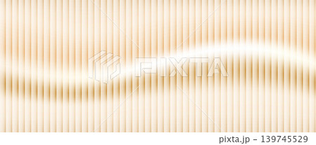 Reeded glass with fractal wave and curved gold gradient. Fluted reeded surface with bright diagonal light on warm beige for luxury banner. Glass vector backdrop with curved decoration for promo bg 139745529