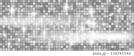 Disco ball mosaic with sparkle and silver mirror sequin for dance flyer. Bright disco ball backdrop and shiny glitter tile texture. Vector pattern with shimmer on grid accents Disco ball mosaic with sparkle and silver mirror sequin for dance flyer. Bright disco ball backdrop and shiny glitter tile texture. Vector pattern with shimmer on grid accents 139745544