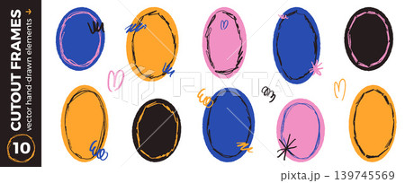 Frame oval in bold cutout paper with rough crayon border and bright ellipse for sticker. Round oval frames in blue orange pink and black with playful shapes. Bold vector cutout set with vivid color Frame oval in bold cutout paper with rough crayon border and bright ellipse for sticker. Round oval frames in blue orange pink and black with playful shapes. Bold vector cutout set with vivid color 139745569