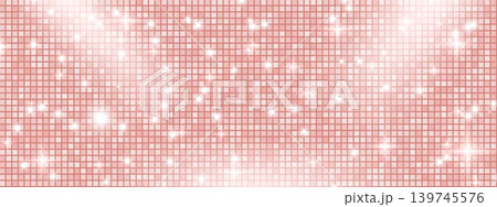 Disco ball glitter texture for party design and nightclub event flyer. Rose gold sequin mosaic background for festive celebration and glamour dance floor banner. Vector pink glam disco background 139745576