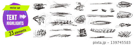 Text highlight with charcoal scribble and crayon underline for layout or card. Messy text emphasis with brush highlight in airbrush marks. Hand drawn vector pack isolated for trendy design promotion Text highlight with charcoal scribble and crayon underline for layout or card. Messy text emphasis with brush highlight in airbrush marks. Hand drawn vector pack isolated for trendy design promotion 139745583