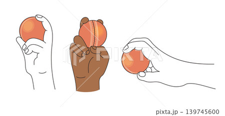Cricket bowling grips set. Red leather ball professional hand positions. Diversity athlete representation. Minimalist vector Illustration. Isolated Line art Drawing on white 139745600