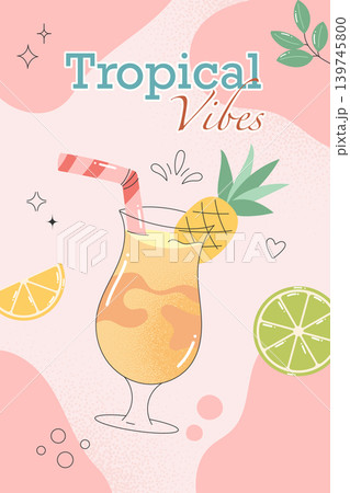 Tropical summer cocktail poster with exotic drink and pastel decoration Tropical summer cocktail poster with exotic drink and pastel decoration 139745800
