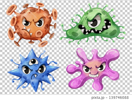 Set of cute watercolor hand drawn virus and bacteria cartoon characters. Funny microbe and germ illustrations for medical and educational design. Colorful pathogen icons isolated on white background. Set of cute watercolor hand drawn virus and bacteria cartoon characters. Funny microbe and germ illustrations for medical and educational design. Colorful pathogen icons isolated on white background. 139746088