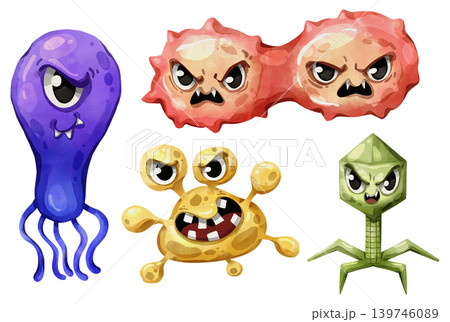 Set of cute watercolor hand drawn virus and bacteria cartoon characters. Funny microbe and germ illustrations for medical and educational design. Colorful pathogen icons isolated on white background. 139746089