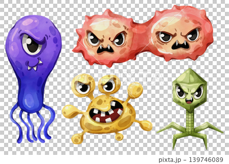 Set of cute watercolor hand drawn virus and bacteria cartoon characters. Funny microbe and germ illustrations for medical and educational design. Colorful pathogen icons isolated on white background. 139746089