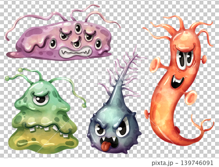 Set of cute watercolor hand drawn virus and bacteria cartoon characters. Funny microbe and germ illustrations for medical and educational design. Colorful pathogen icons isolated on white background. Set of cute watercolor hand drawn virus and bacteria cartoon characters. Funny microbe and germ illustrations for medical and educational design. Colorful pathogen icons isolated on white background. 139746091