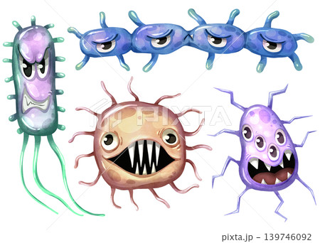 Set of cute watercolor hand drawn virus and bacteria cartoon characters. Funny microbe and germ illustrations for medical and educational design. Colorful pathogen icons isolated on white background. Set of cute watercolor hand drawn virus and bacteria cartoon characters. Funny microbe and germ illustrations for medical and educational design. Colorful pathogen icons isolated on white background. 139746092