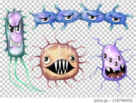 Set of cute watercolor hand drawn virus and bacteria cartoon characters. Funny microbe and germ illustrations for medical and educational design. Colorful pathogen icons isolated on white background. Set of cute watercolor hand drawn virus and bacteria cartoon characters. Funny microbe and germ illustrations for medical and educational design. Colorful pathogen icons isolated on white background. 139746092