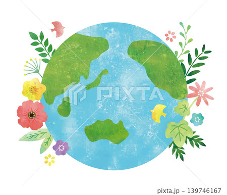 花や植物があふれる地球水彩画 花や植物があふれる地球水彩画 139746167
