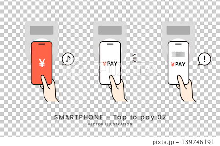 A set of illustration materials depicting contactless and barcode payments using a smartphone. A set of illustration materials depicting contactless and barcode payments using a smartphone. 139746191