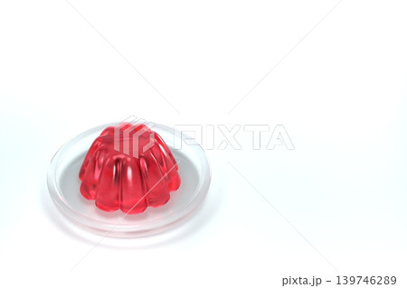 透明な皿に乗った赤いゼリー 斜め上から 白背景 3Dレンダリング 139746289