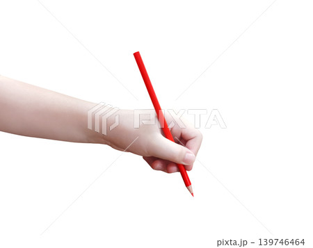 The image shows a hand holding a red colored pencil against a white background. The image shows a hand holding a red colored pencil against a white background. 139746464