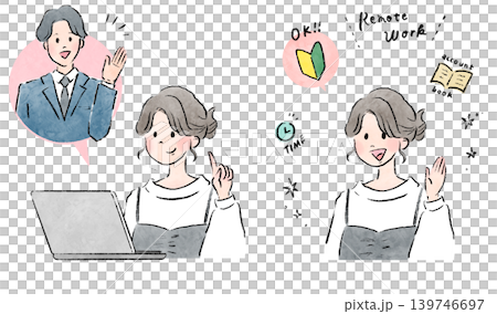 A set of illustrations depicting men and women talking online and images representing remote work. A set of illustrations depicting men and women talking online and images representing remote work. 139746697