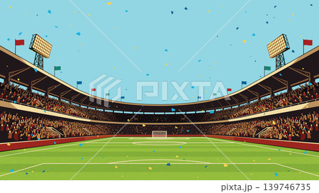 Soccer stadium have full of fans celebrated wide angle with confetti horizontal template have blank space. 139746735