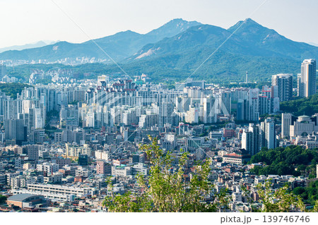 Seoul, South Korea - May. 17, 2026 : Panoramic high-angle view of Seoul cityscape and residential area from Yongmasan Mountain skywalk, South Korea 139746746