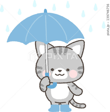傘をさして立つサバトラネコ 139746756