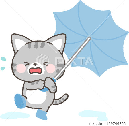傘が風にあおられるサバトラネコ 傘が風にあおられるサバトラネコ 139746763