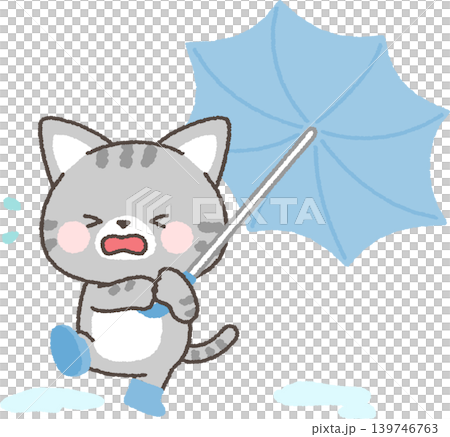 一隻虎斑貓，它的雨傘被風吹得搖搖晃晃。 139746763