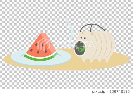 お皿に載ったスイカとぶたの蚊取り線香のイラスト 139748156