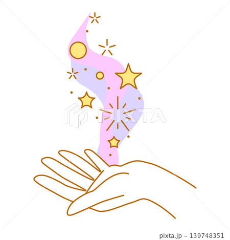 Magic stars in hand. Palm hold or gives celestial body. Line art style. Magic stars in hand. Palm hold or gives celestial body. Line art style. 139748351