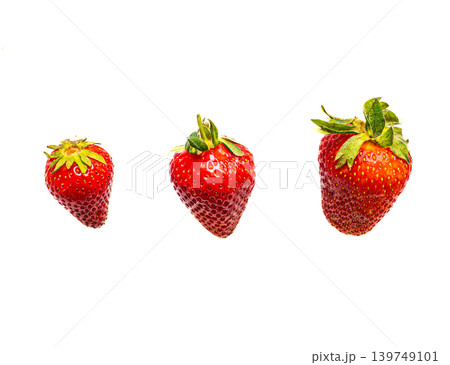 Three fresh ripe red strawberries on white background Three fresh ripe red strawberries on white background 139749101