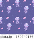 Seamless pattern with cute cartoon smiling jellyfish and starfish on a blue background. Vector illustration for the design of postcards, posters, banners, printing, textiles 139749136