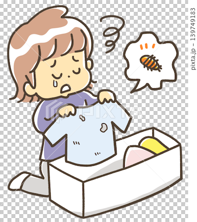 Someone is saddened to find moth-eaten clothes they took out for the change of season. Someone is saddened to find moth-eaten clothes they took out for the change of season. 139749183