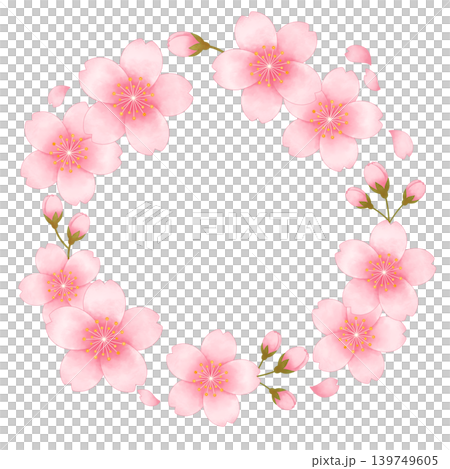 やさしいピンク色の桜を円形に配置した、水彩風のリースフレームイラスト やさしいピンク色の桜を円形に配置した、水彩風のリースフレームイラスト 139749605