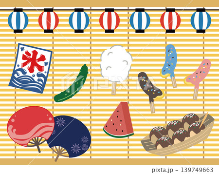夏祭りの屋台フードやうちわの可愛いイラスト詰め合わせセット 夏祭りの屋台フードやうちわの可愛いイラスト詰め合わせセット 139749663