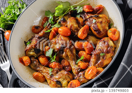 Roasted chicken drumsticks with tomatoes in a pot 139749803