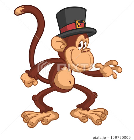 Cartoon funny brown monkey chimpanzee wearing top hat. Vector illustration isolated on white Cartoon funny brown monkey chimpanzee wearing top hat. Vector illustration isolated on white 139750009
