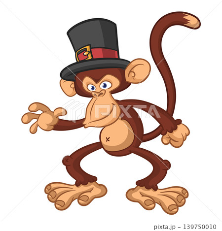Cartoon funny brown monkey chimpanzee wearing top hat. Vector illustration isolated on white 139750010