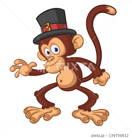 Cartoon funny brown monkey chimpanzee wearing top hat. Vector illustration isolated on white Cartoon funny brown monkey chimpanzee wearing top hat. Vector illustration isolated on white 139750012