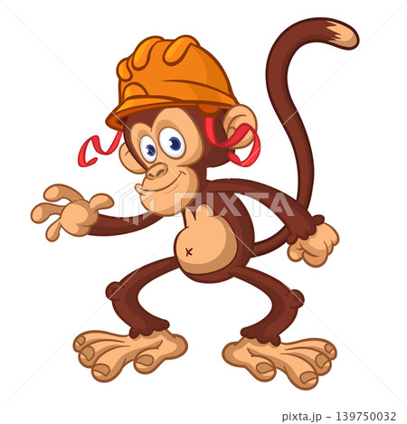 Cartoon funny brown monkey chimpanzee wearing safety helmet. Vector illustration isolated on white Cartoon funny brown monkey chimpanzee wearing safety helmet. Vector illustration isolated on white 139750032