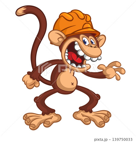Cartoon funny brown monkey chimpanzee wearing safety helmet. Vector illustration isolated on white Cartoon funny brown monkey chimpanzee wearing safety helmet. Vector illustration isolated on white 139750033